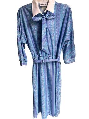 Vintage 80s blue paisley belted dress Size 10